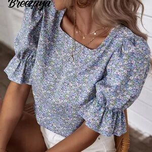 Shein Floral Flounce Sleeve Blouse